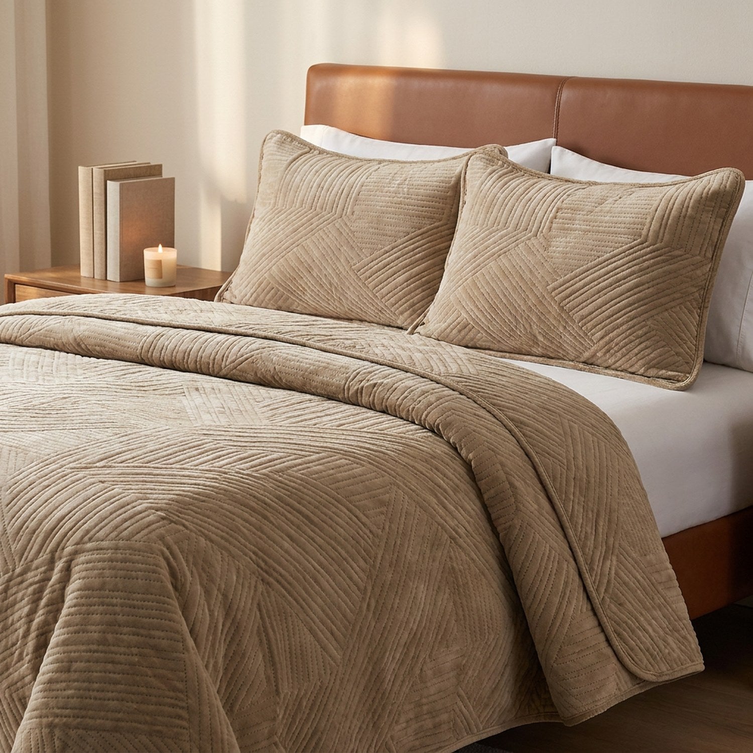 Couvre-lit matelassé velours beige dans une chambre avec tête de lit en cuir et bougie