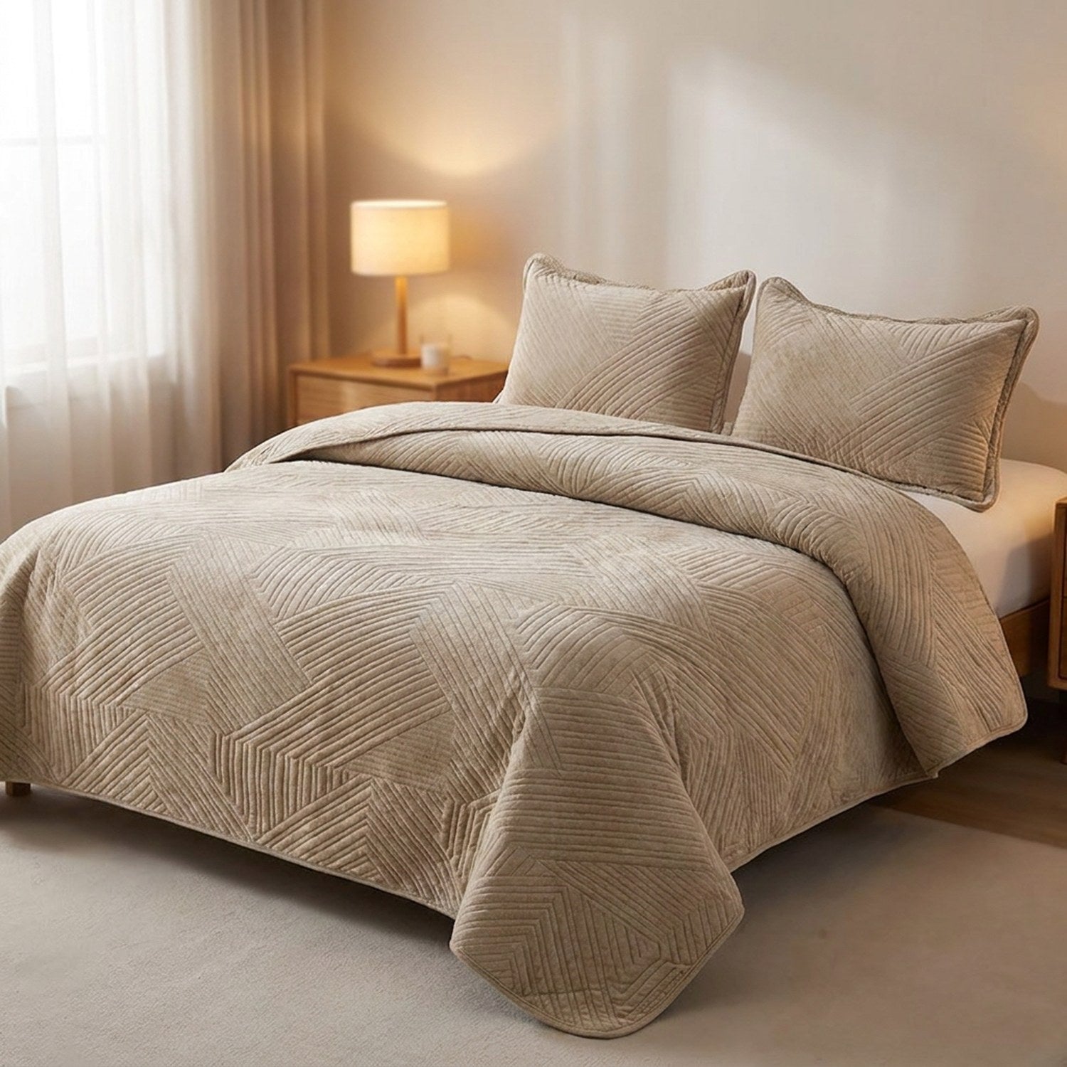Couvre-lit matelassé velours beige avec taies assorties sur un lit dans une chambre chaleureuse