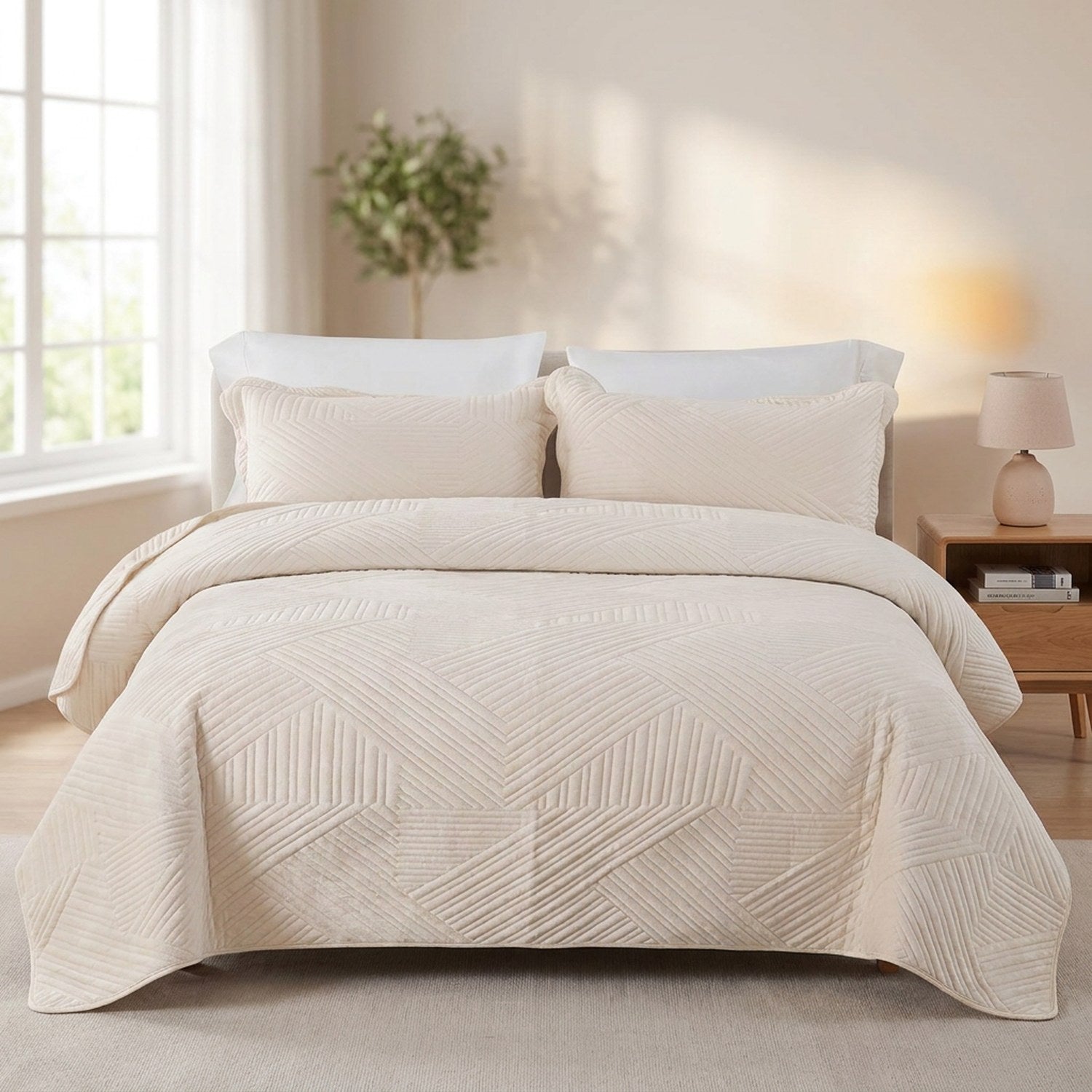 Couvre-lit matelassé velours blanc ivoire avec taies assorties sur un lit