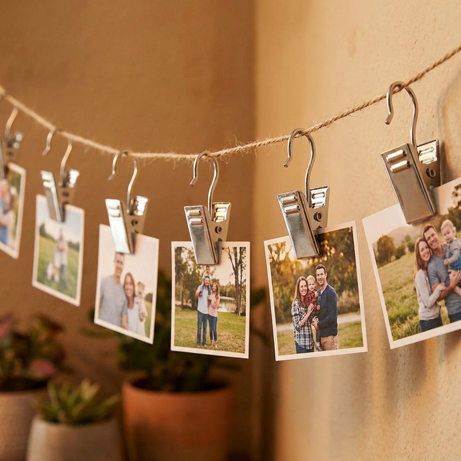 Crochets pinces suspendus à une ficelle tenant des photos de famille sur un mur