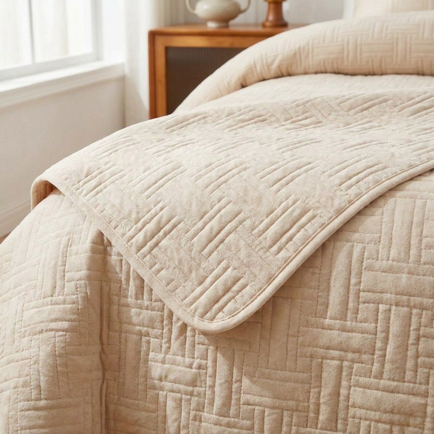 Détail du matelassage en tissage géométrique et du bord piqué du couvre-lit beige