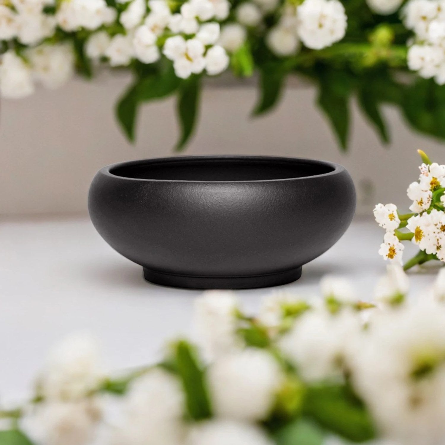 Pot bonsaï coupe noire avec fleurs blanches