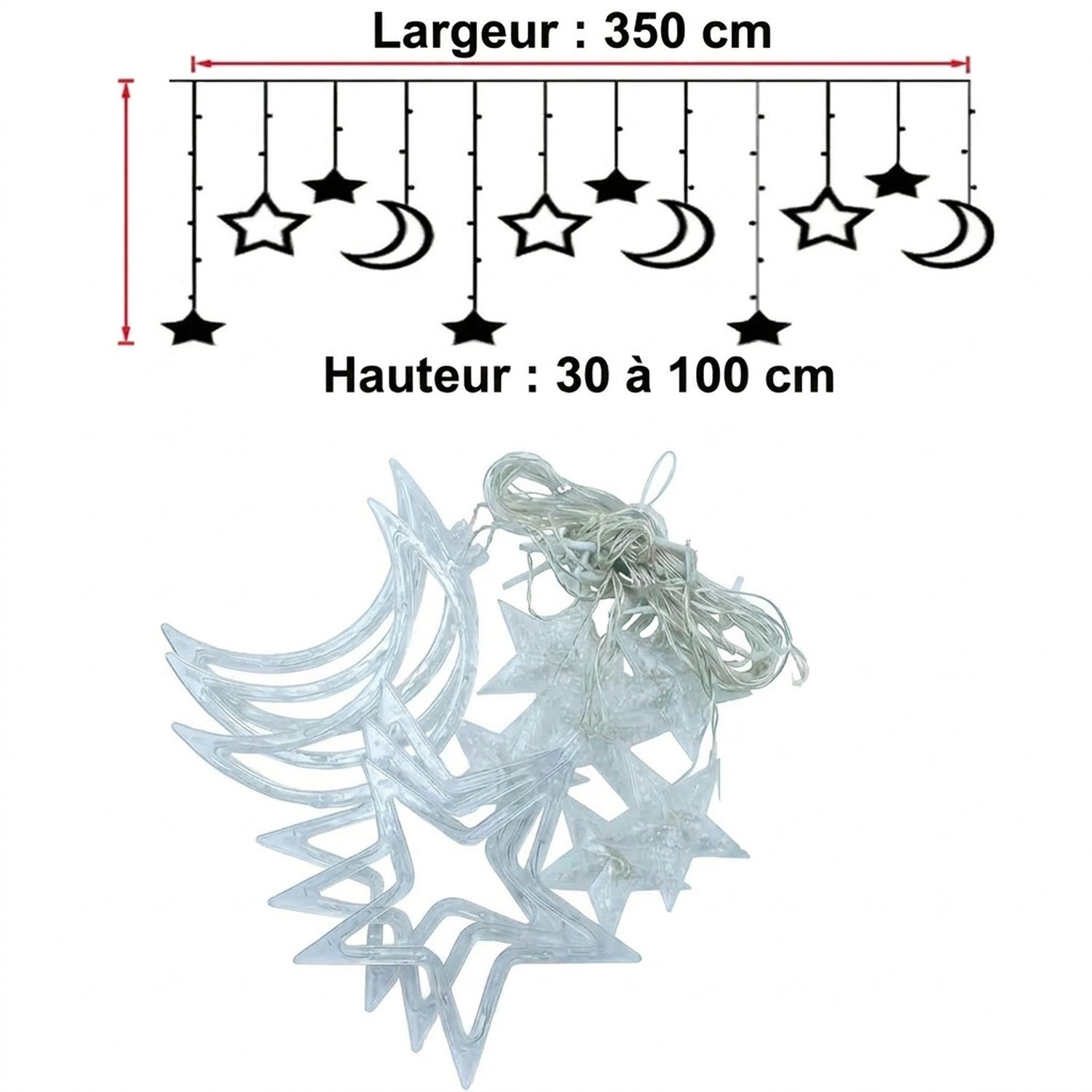 Schéma des dimensions de la guirlande rideau LED : Largeur 350 cm, Hauteur 30 à 100 cm
