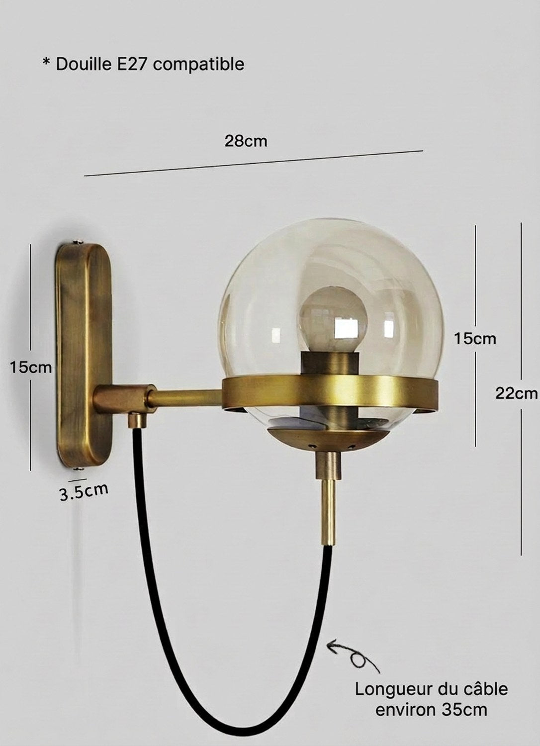 Schéma des dimensions de l'applique murale boule de verre en centimètres
