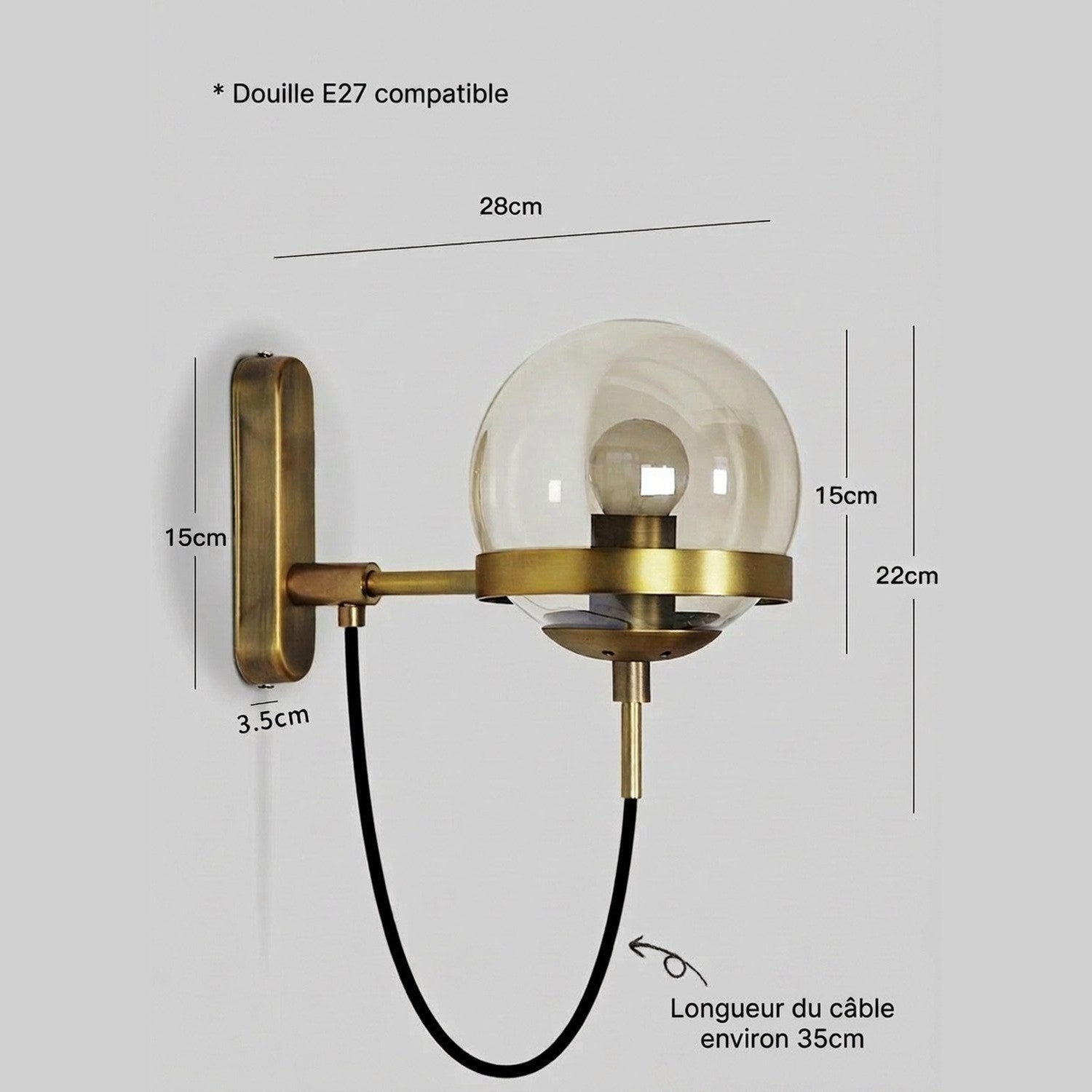 Schéma des dimensions de l'applique murale boule de verre en centimètres
