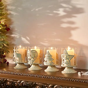 Set de 4 bougeoirs photophores de Noël sur table décorée bougies blanches
