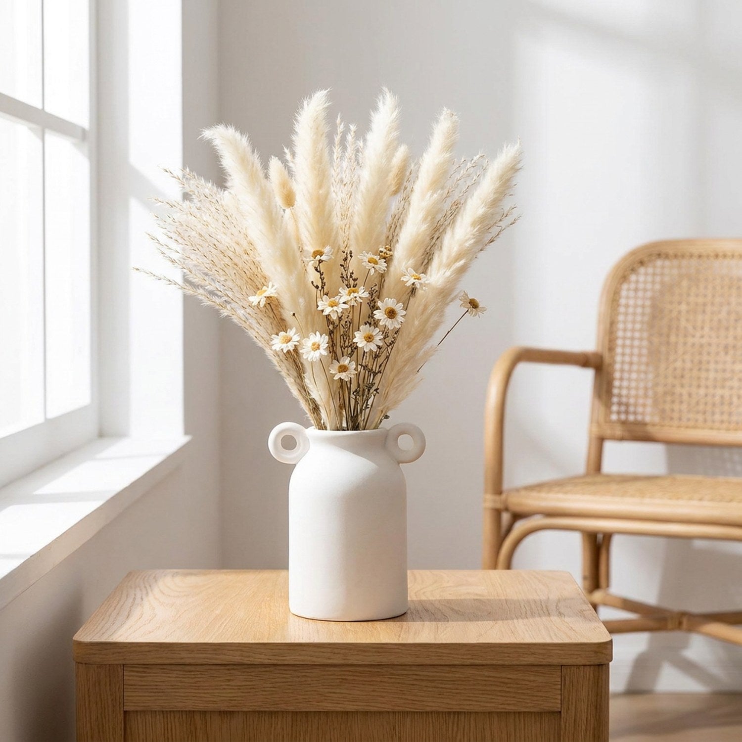 Vase amphore blanc en céramique avec pampas séché dans salon scandinave