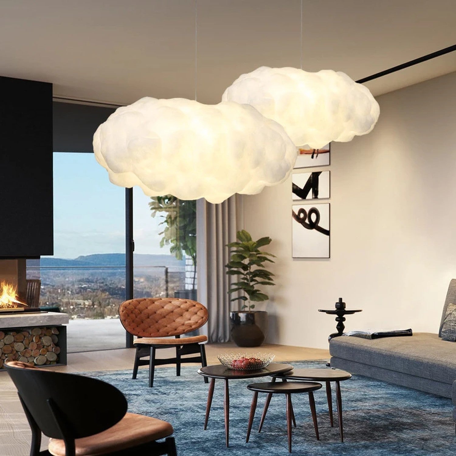 Deux suspensions nuage blanche LED dans un salon contemporain lumineux