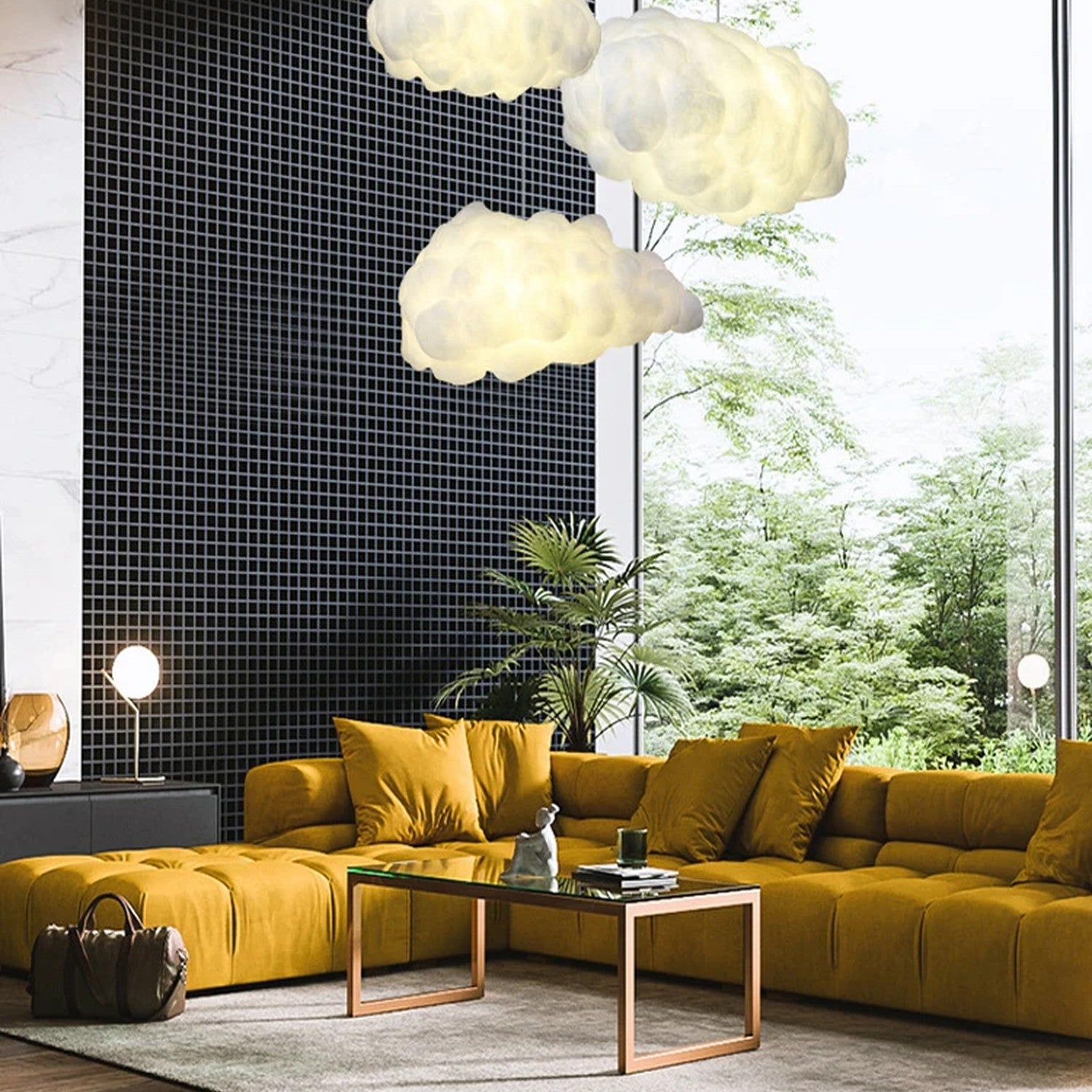 Suspension nuage LED dans un salon de luxe avec canapé jaune moutarde