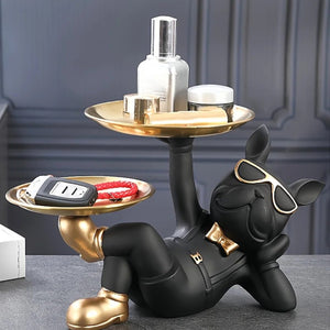 Statuette bouledogue vue de côté avec plateaux dorés rangement accessoires
