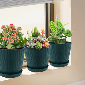 Cache-pot PP vert foncé avec plante verte près d'une fenêtre lumineuse