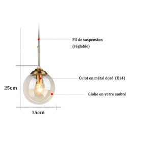 Schema dimensions suspension globe en verre diametre 15cm hauteur 25cm culot E14