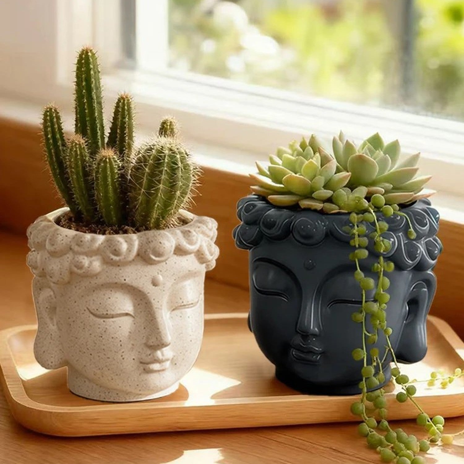 Comparatif des coloris du pot de fleurs bouddha gris et beige