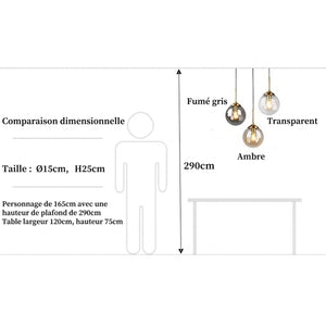 Comparaison dimensionnelle suspension globe Ø15cm H25cm par rapport a une personne de 165cm
