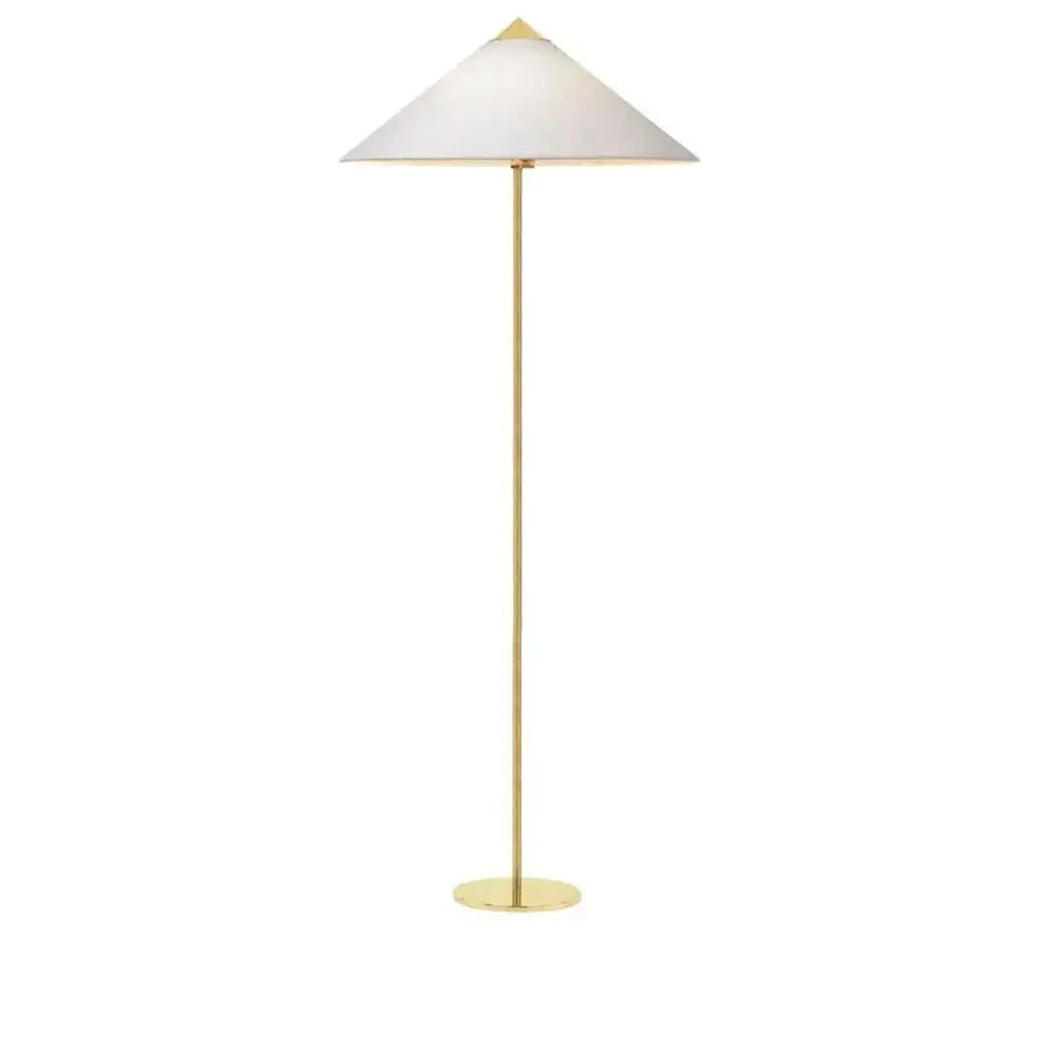 Lampadaire abat-jour tissu blanc conique pied métal doré fond blanc