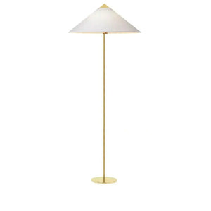 Lampadaire abat-jour tissu blanc conique pied métal doré fond blanc