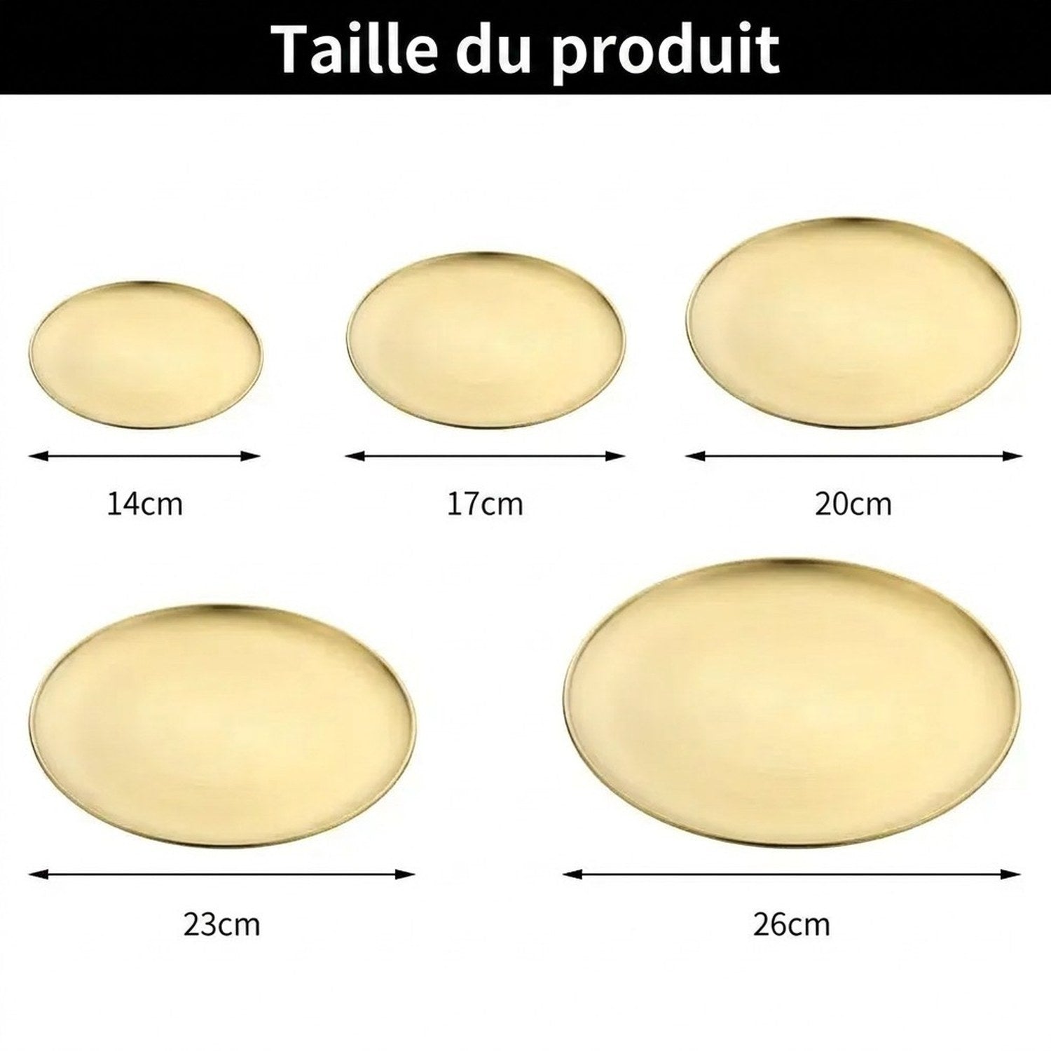 Guide des tailles – Plateau miroir Petit Ø14cm Moyen Ø20cm Grand Ø26cm