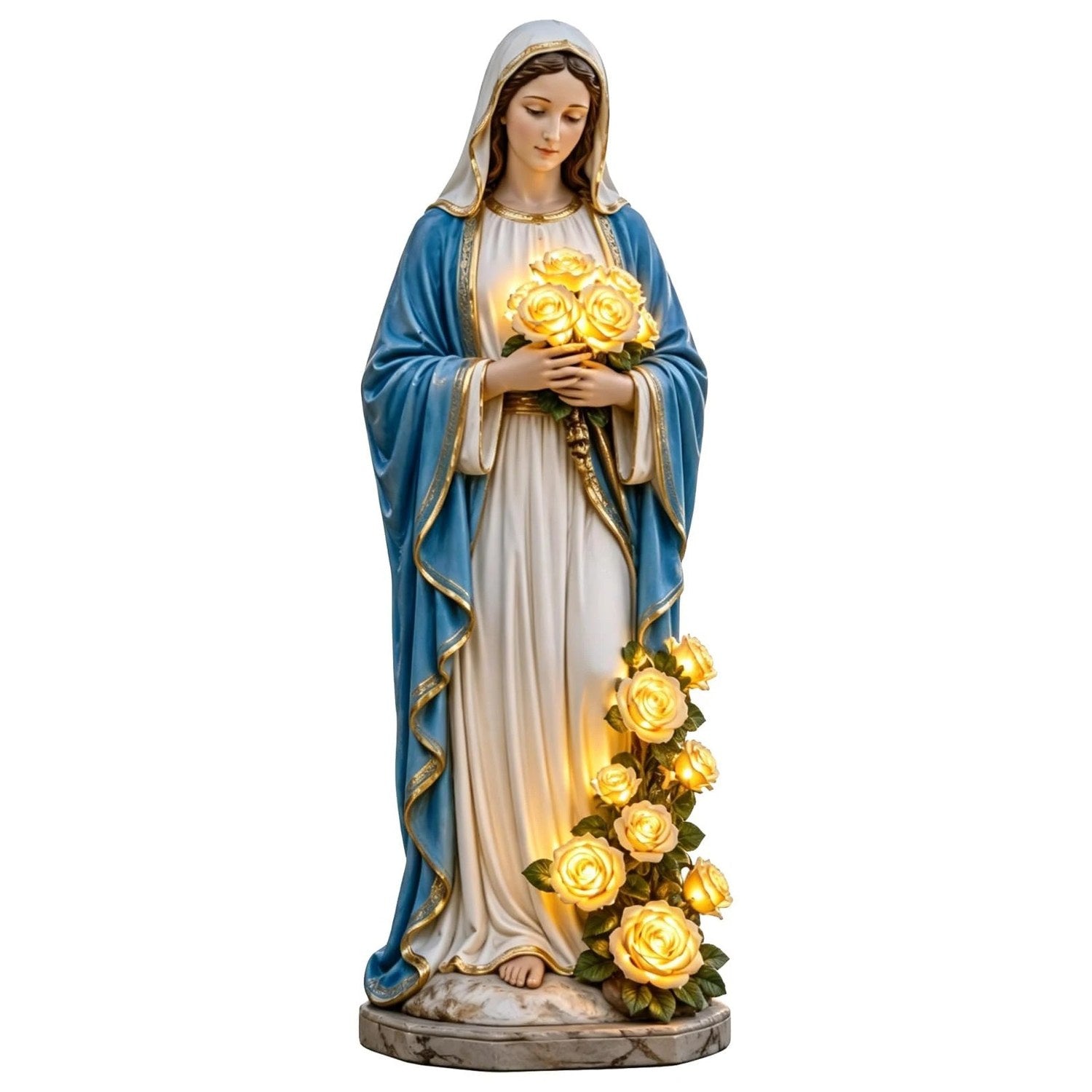 Vue complète de la figurine Vierge Marie en résine avec roses lumineuses sur fond blanc