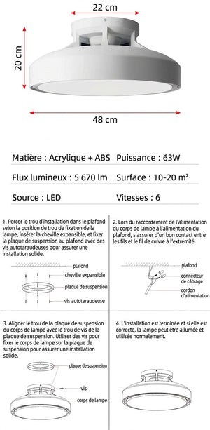 Schéma dimensions plafonnier LED blanc sans pale diamètre 48 cm hauteur 20 cm cotes