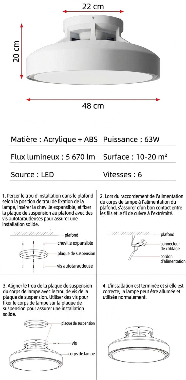 Schéma dimensions plafonnier LED blanc sans pale diamètre 48 cm hauteur 20 cm cotes
