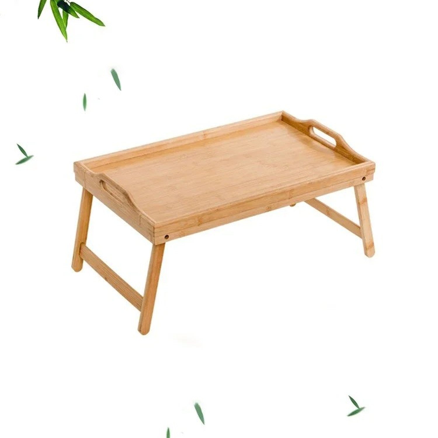 Plateau de lit en bambou 50cm vue de profil 3/4 sur fond blanc avec feuilles de bambou décoratives