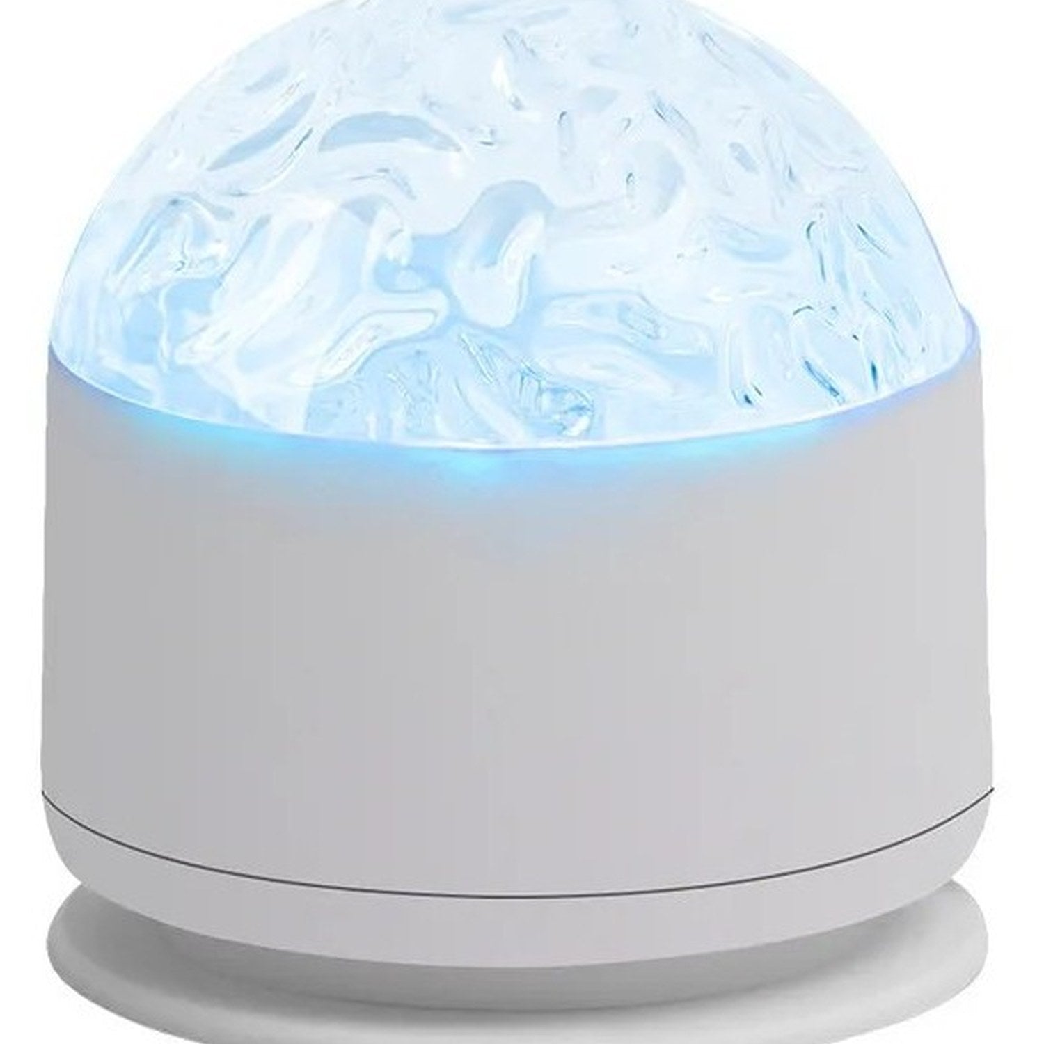 Veilleuse projecteur galaxie ronde blanche allumée en bleu vue de face sur fond neutre