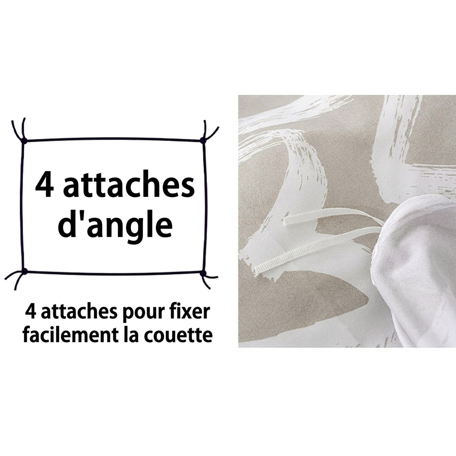 Quatre attaches d'angle pour fixer la couette a l'interieur de la housse