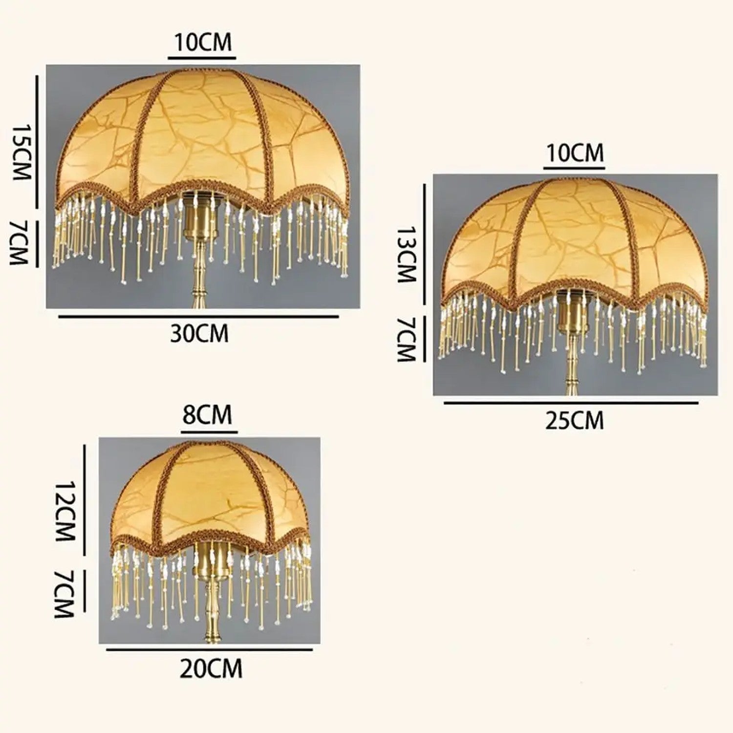 Guide de tailles abat-jour rétro : Ø20 cm H12 cm et Ø25 cm H13 cm, franges 7 cm