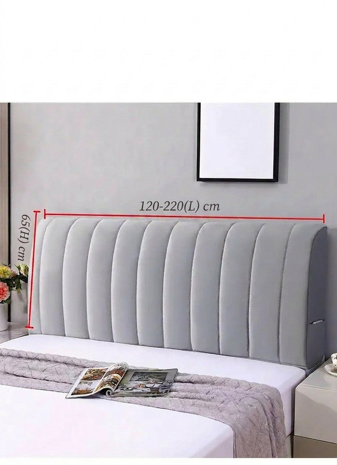 Schéma des largeurs disponibles de 120 à 220 cm et de la hauteur maximale de 65 cm de la housse de tête de lit