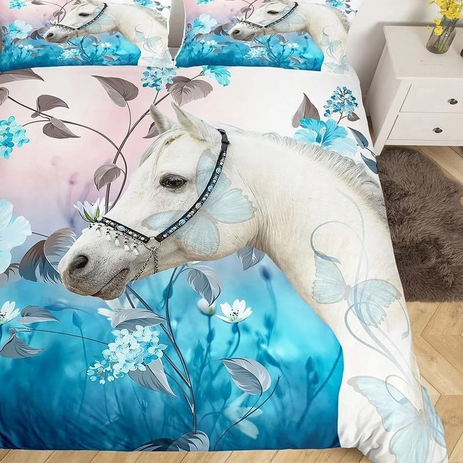 Parure de lit cheval motif Portrait floral turquoise