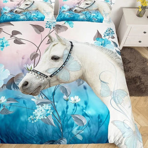 Parure de lit cheval motif Portrait floral turquoise