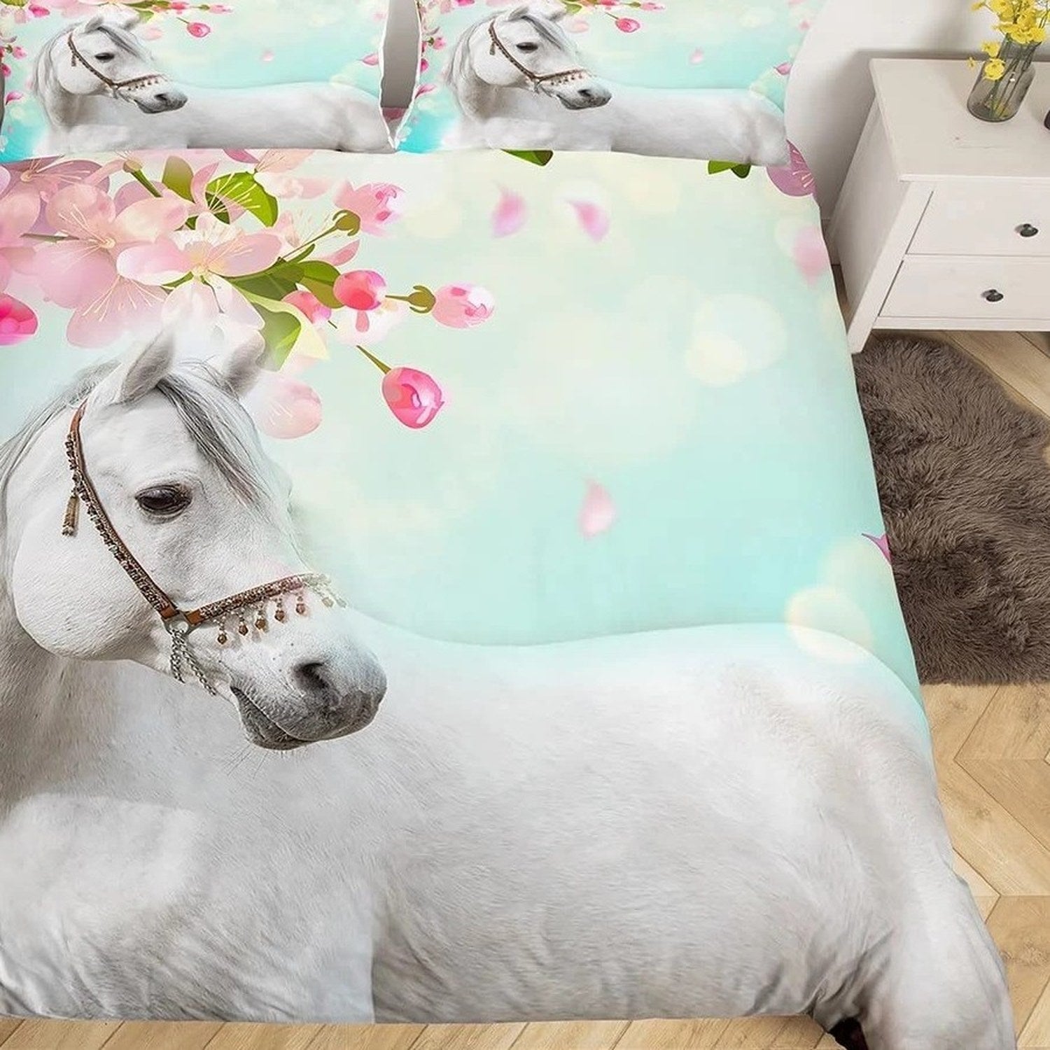 Parure de lit cheval motif Fleurs de cerisier