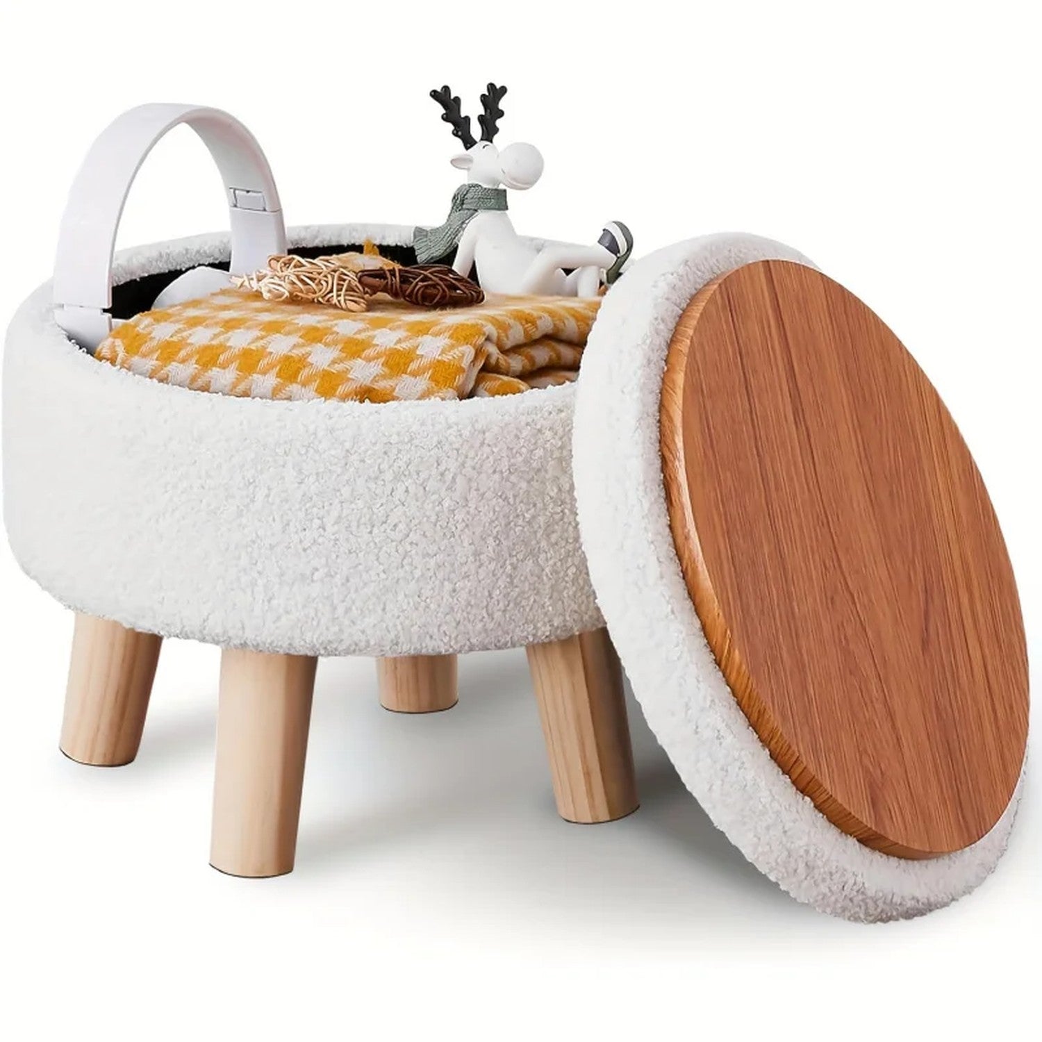 Repose-pieds coffre ouvert montrant le rangement intérieur et le dessus en bois réversible