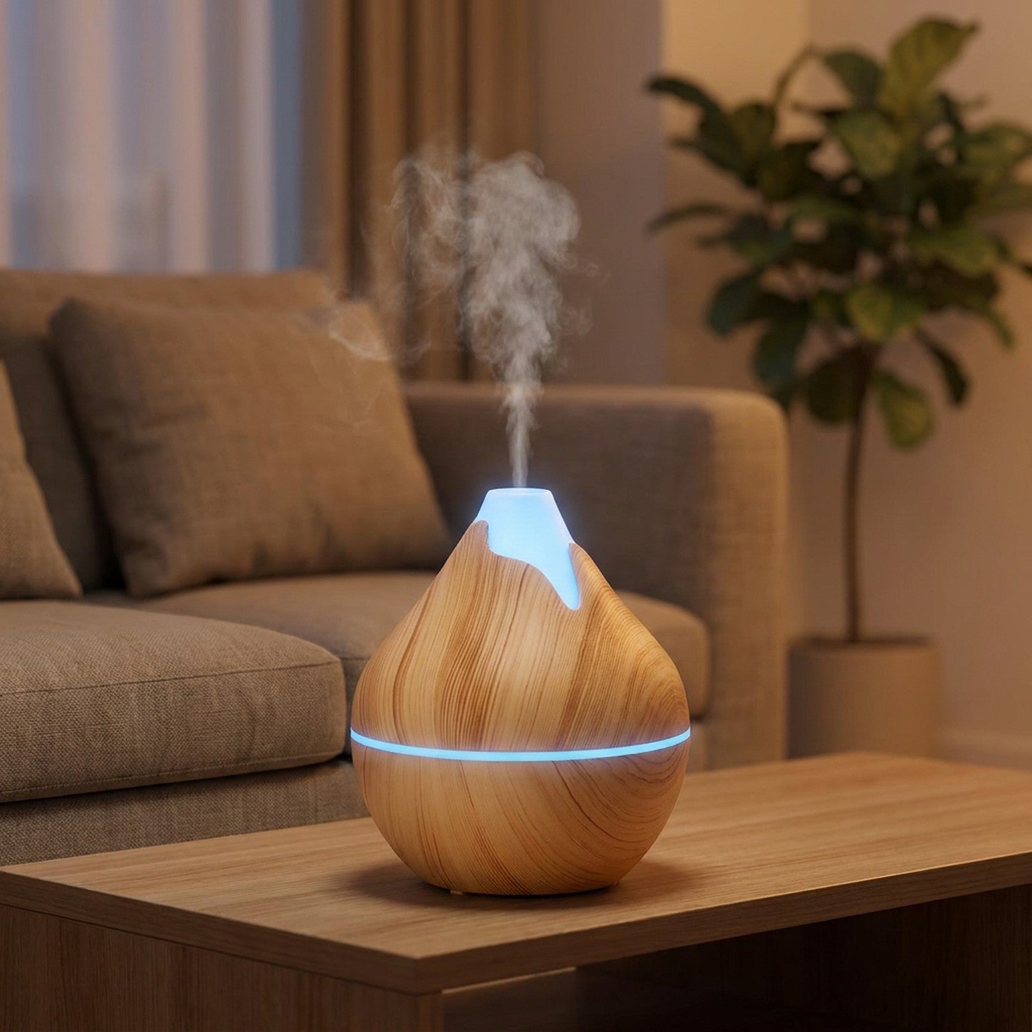 Diffuseur ultrasonique en bois clair avec lumière LED bleue sur une console dans un salon le soir