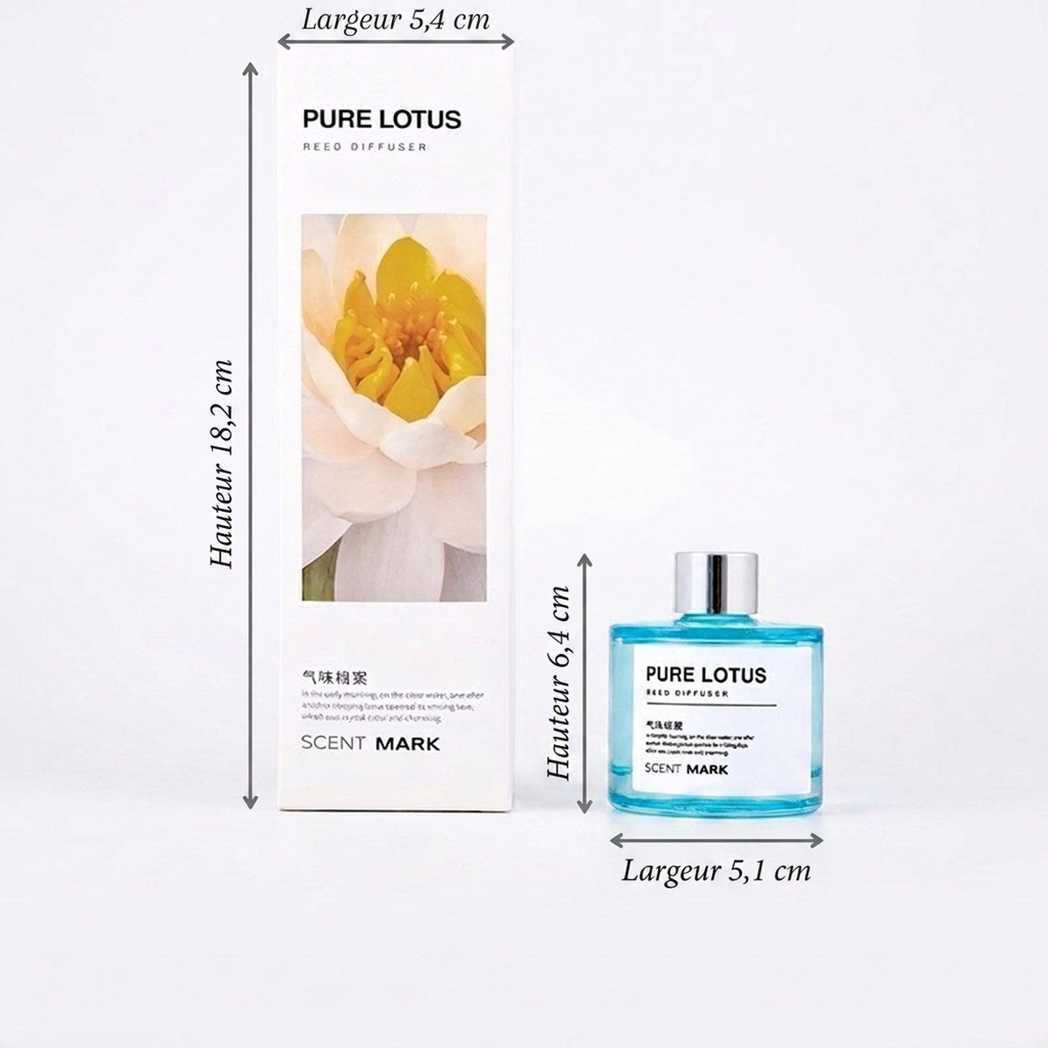 Dimensions diffuseur de parfum bouteille 6,4 cm et boîte 18,2 cm