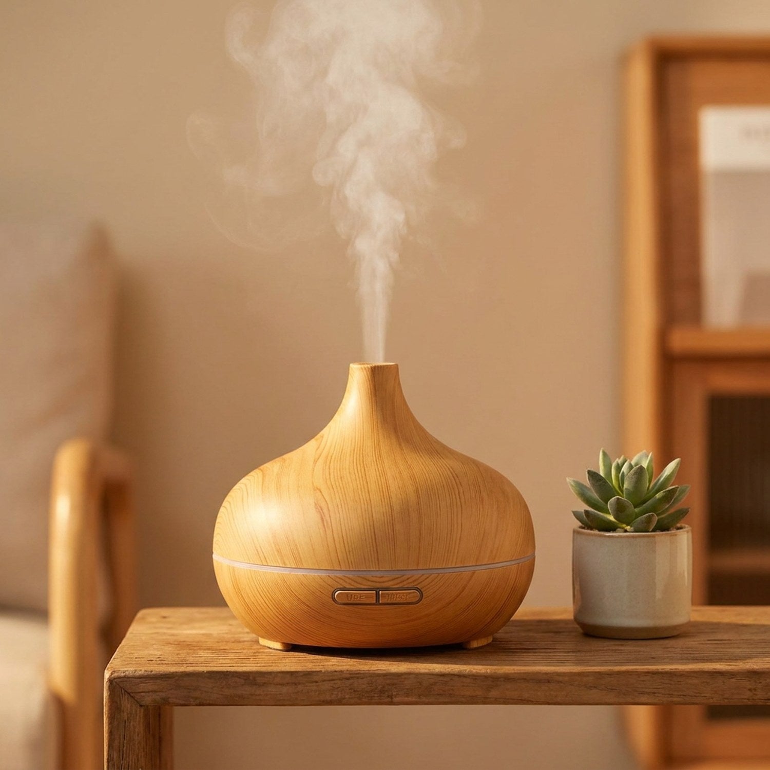 Diffuseur d'aromathérapie grain de bois clair allumé sur une table en bois avec succulente, brume vapeur blanche, ambiance cosy
