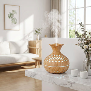 Diffuseur ultrasonique vase bois salon moderne - brume fine huiles essentielles