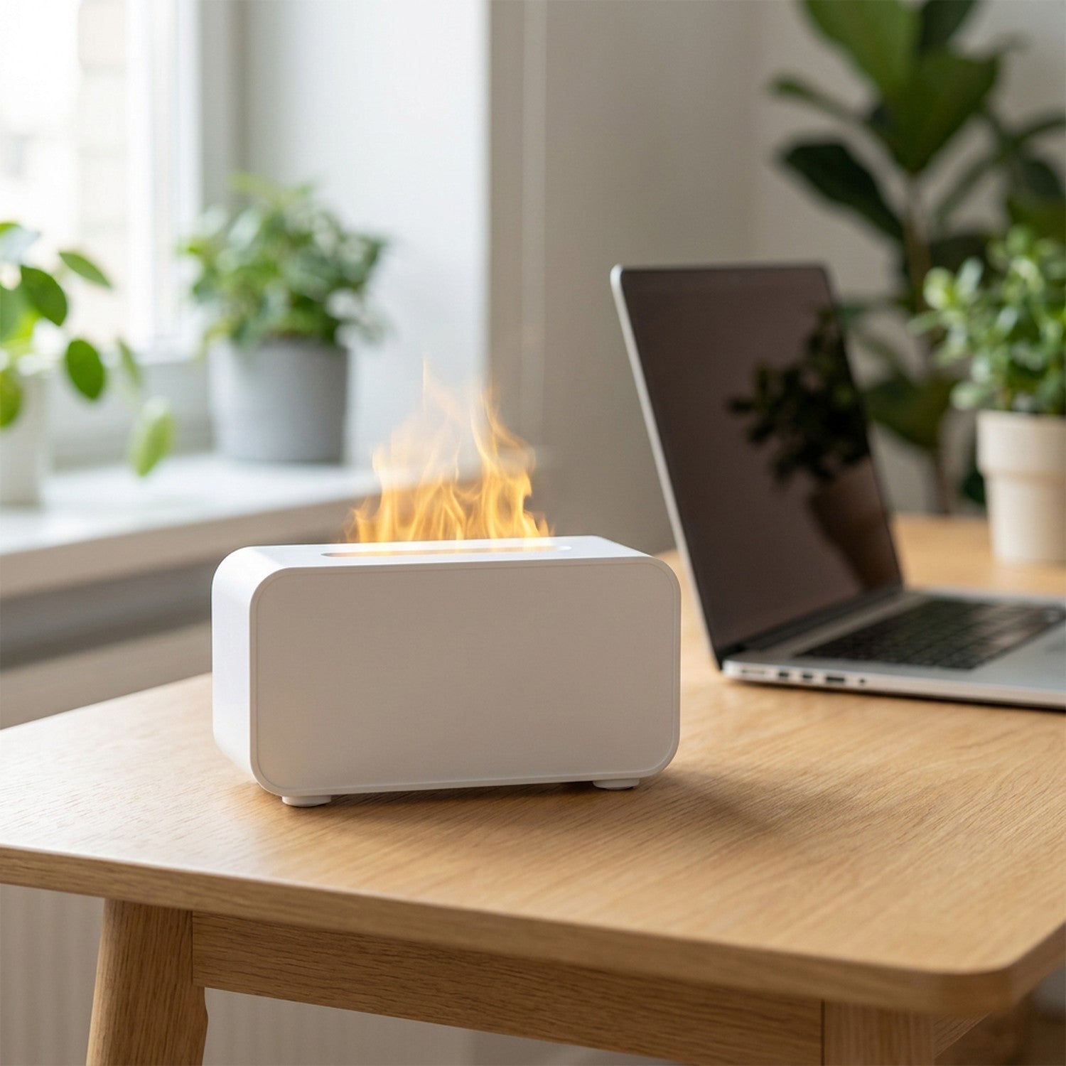Diffuseur flamme LED blanc sur bureau avec ordinateur et plantes