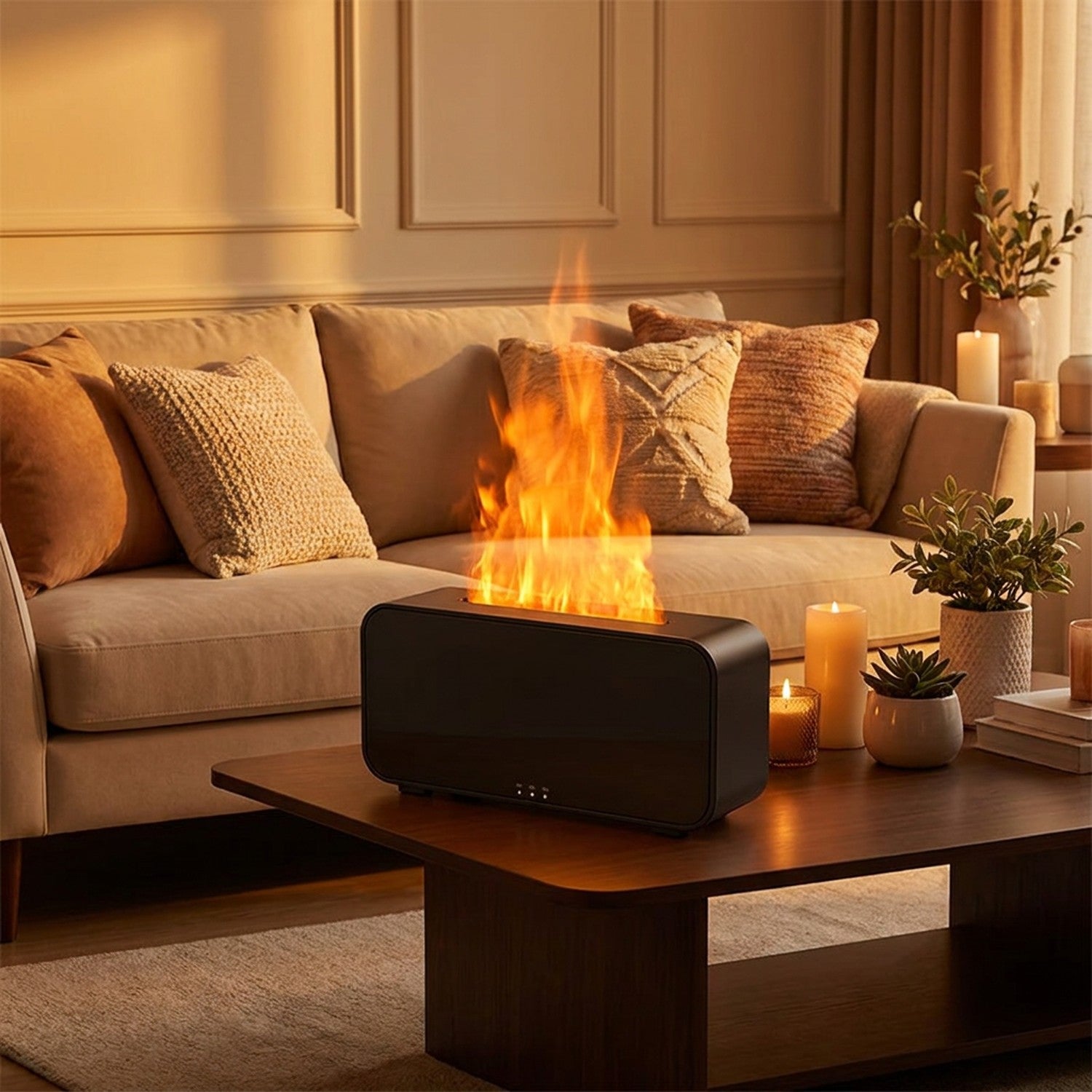 Diffuseur flamme LED sur table basse salon avec bougies et coussins