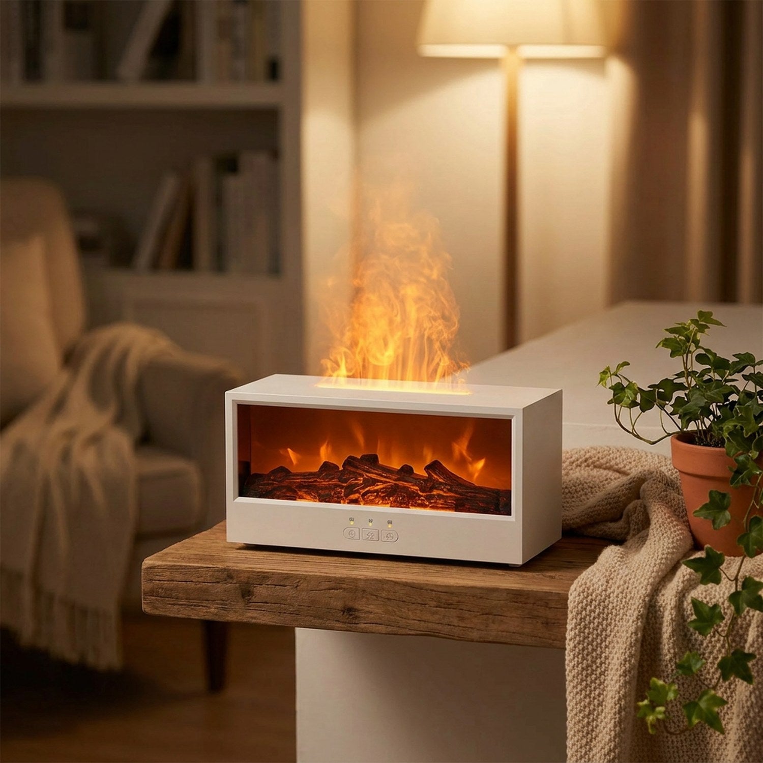 Diffuseur d'huiles essentielles blanc posé sur une étagère en bois avec une plante verte