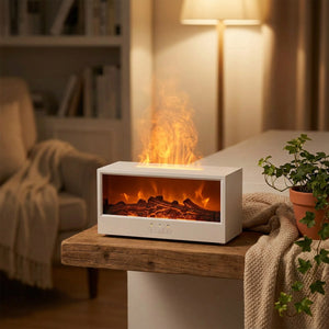 Diffuseur d'huiles essentielles blanc posé sur une étagère en bois avec une plante verte