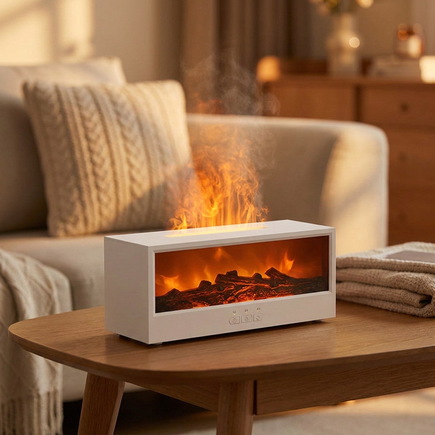 Diffuseur à effet flamme de cheminée sur une table basse dans un salon cosy