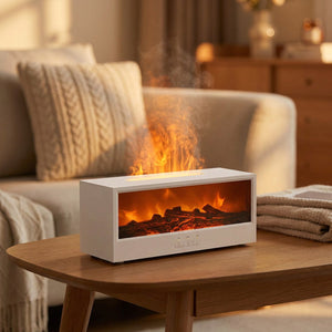 Diffuseur à effet flamme de cheminée sur une table basse dans un salon cosy