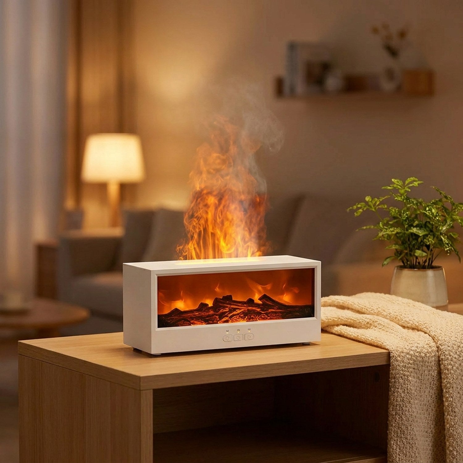 Diffuseur d'huiles essentielles blanc à effet flamme de cheminée posé sur une console dans un salon chaleureux