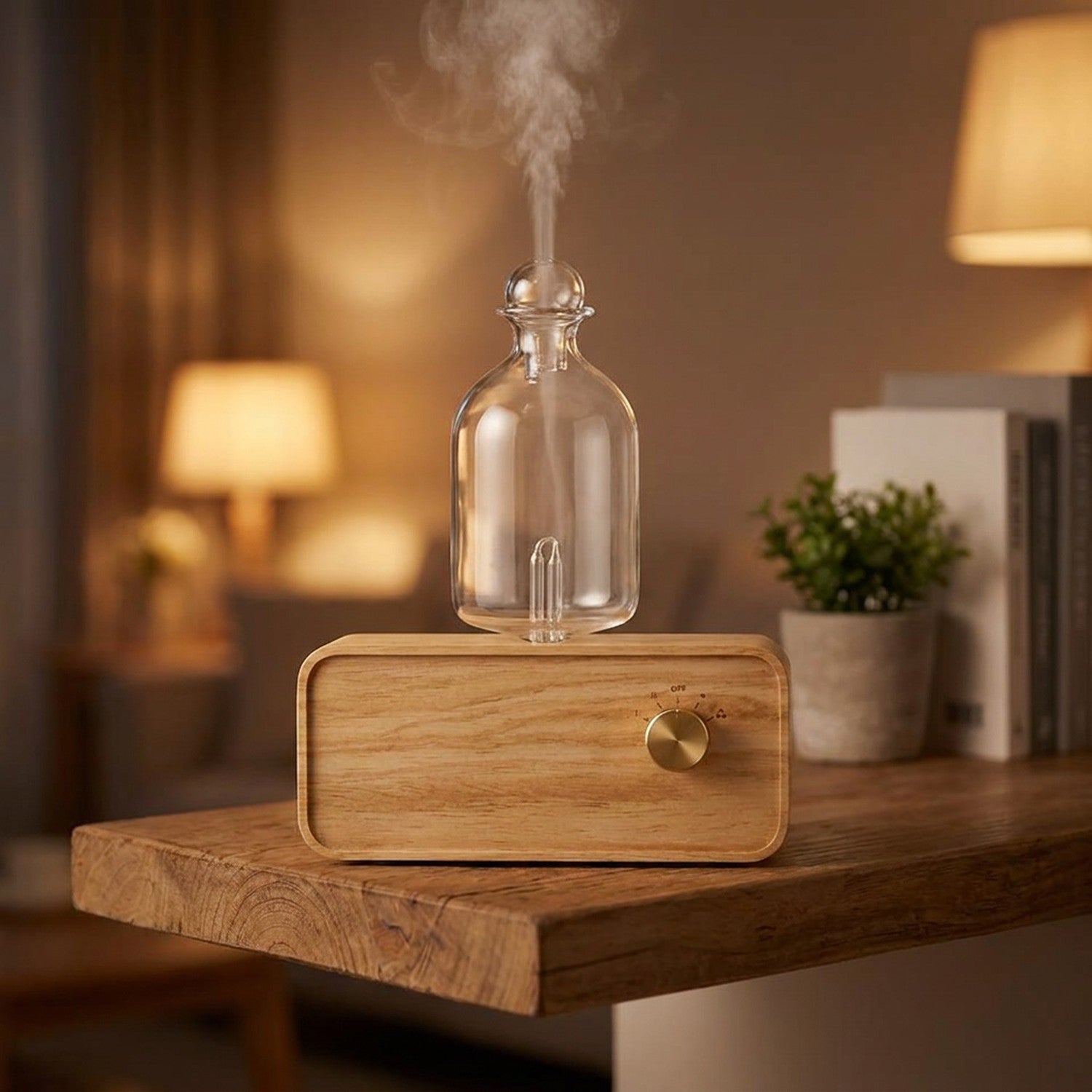 Diffuseur d'huile essentielle sur une étagère en bois dans une ambiance chaleureuse le soir