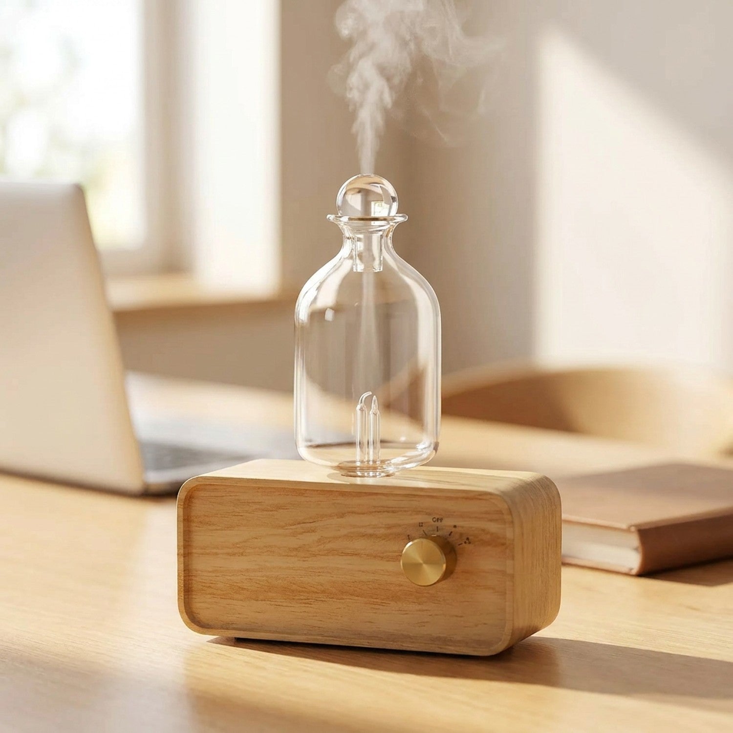 Diffuseur d'huile essentielle sur un bureau en bois à côté d'un ordinateur portable