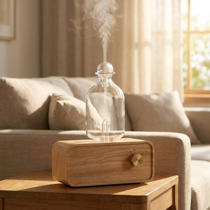 Diffuseur d'huile essentielle sur une table d'appoint dans un salon lumineux avec canapé en lin