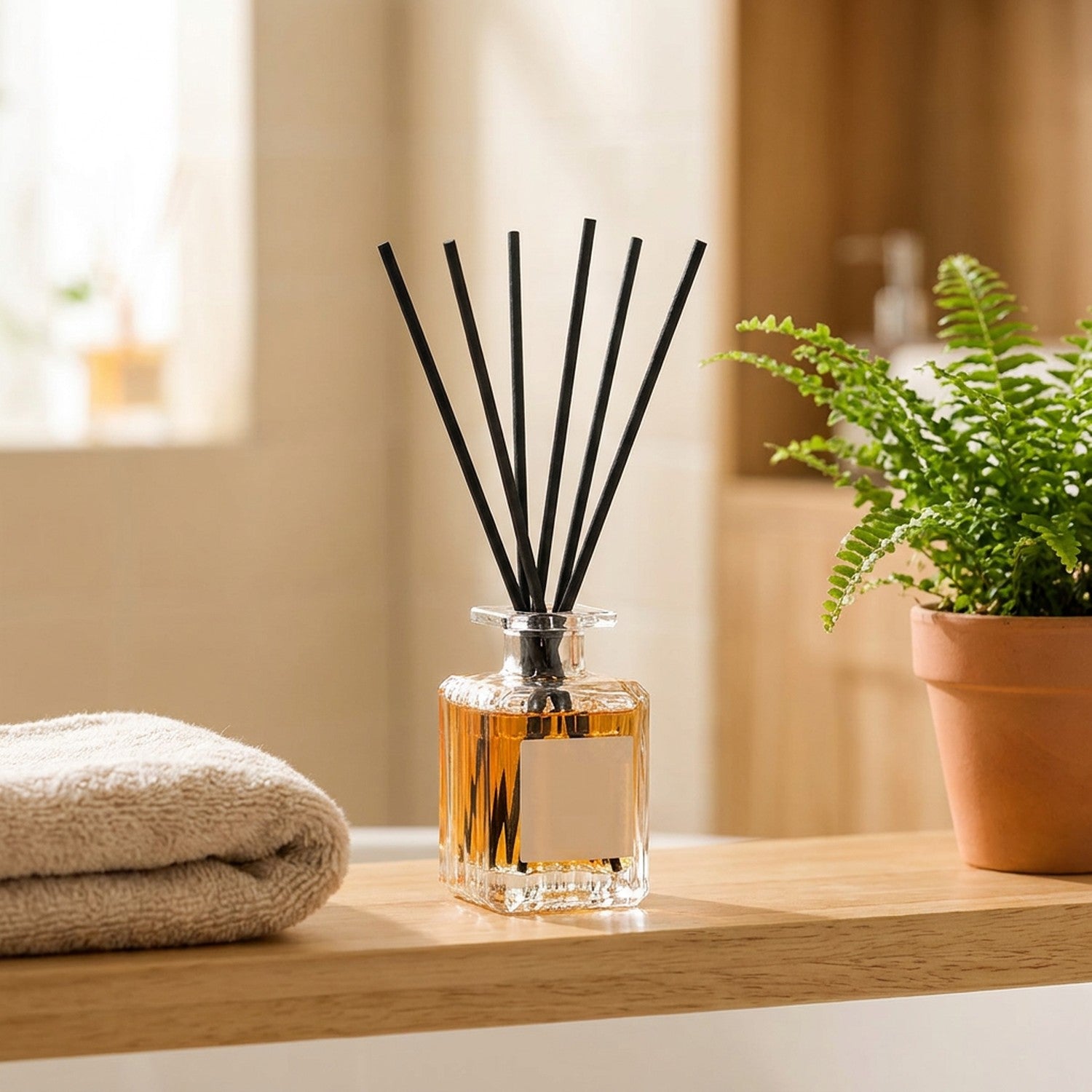 Diffuseur de parfum à bâtonnets sur une étagère de salle de bain près d'une serviette et d'une plante verte