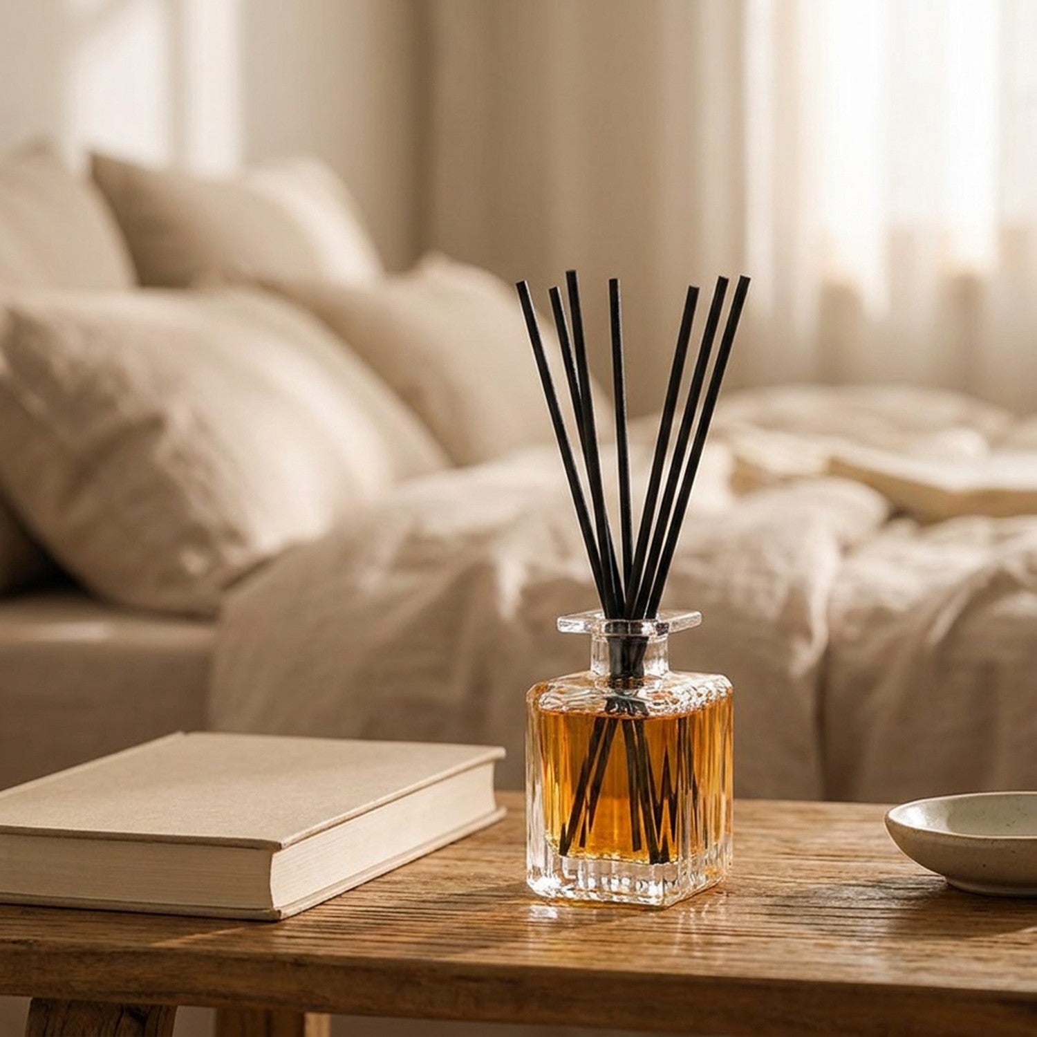 Diffuseur de parfum à bâtonnets sur une table de chevet en bois dans une chambre cosy