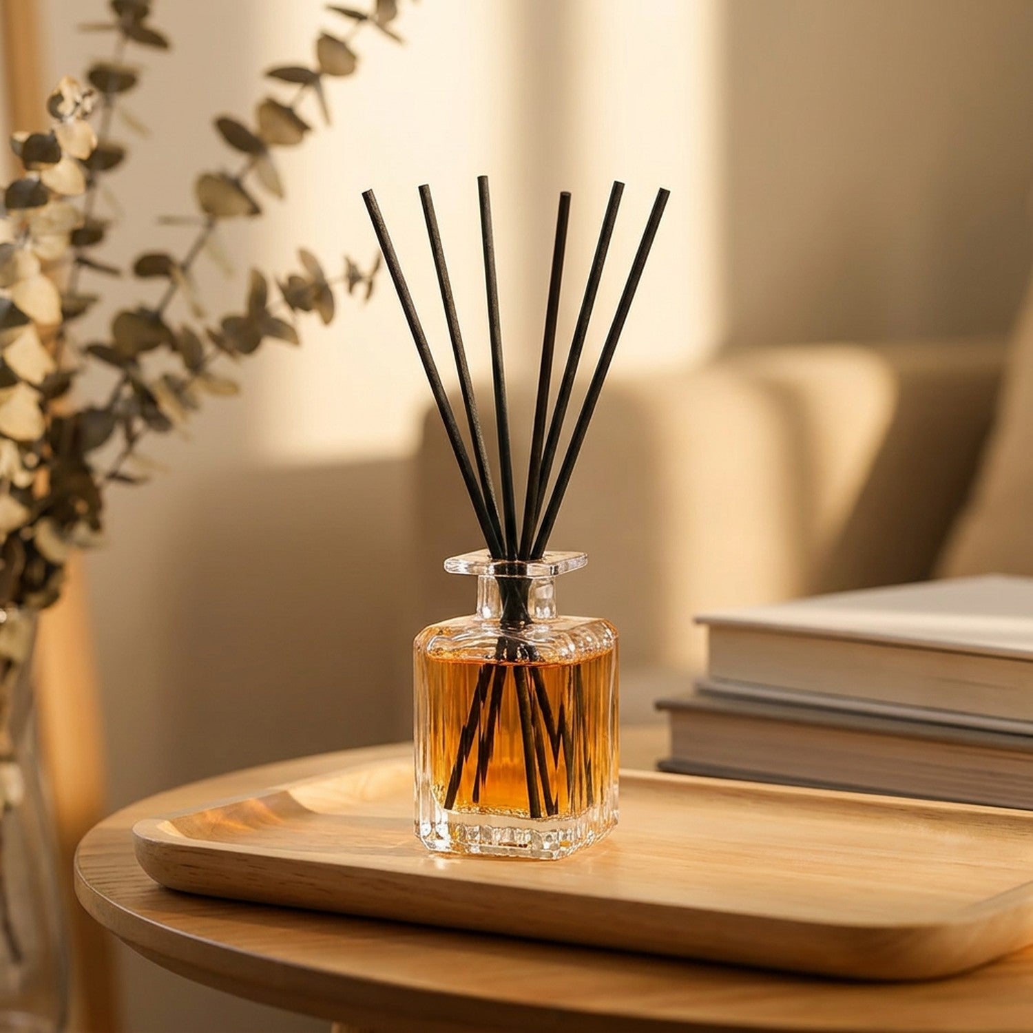 Diffuseur de parfum à bâtonnets dans un flacon en verre posé sur un plateau dans un salon chaleureux